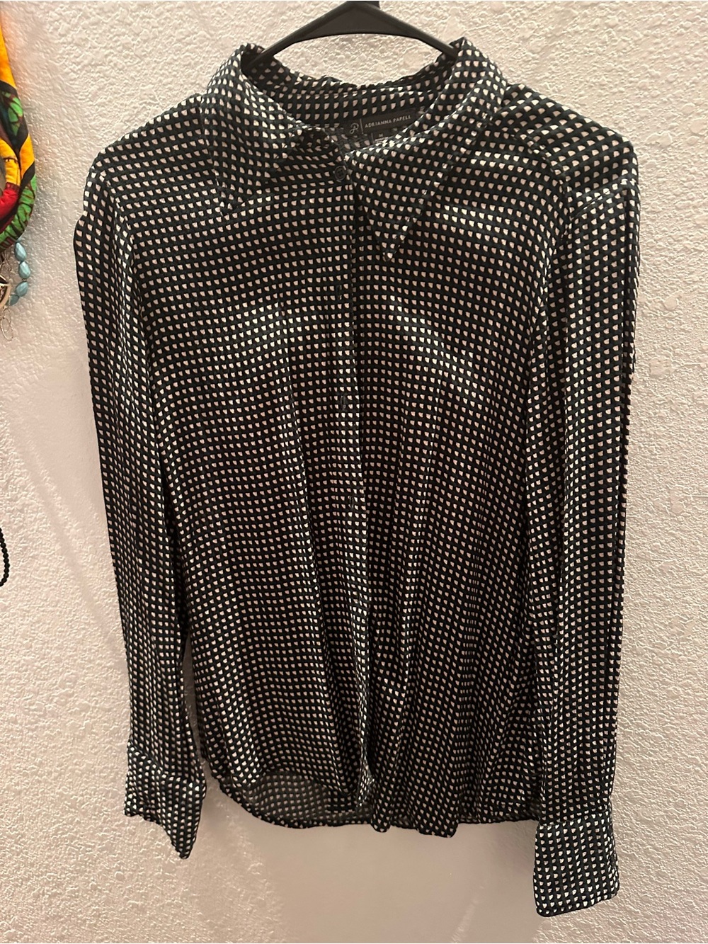 Adrianna Papell Black Button-Down Blouse with White Dot Print